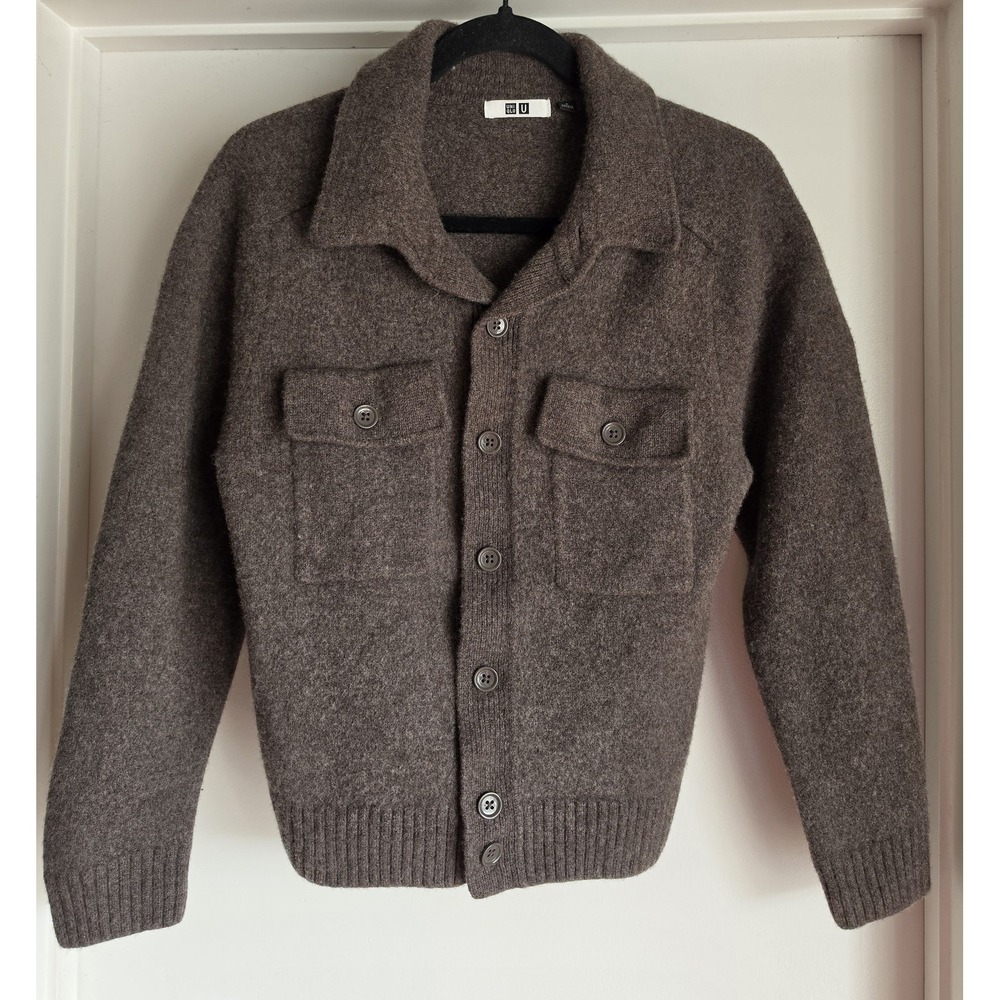 Uniqlo U Cardigan Women S Brown 100% Wool Long Sleeve Collared Minimalist